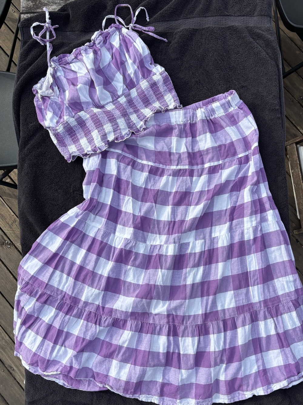 New York & Co Purple Gingham Set - Tiered Maxi Skirt and Crop Top